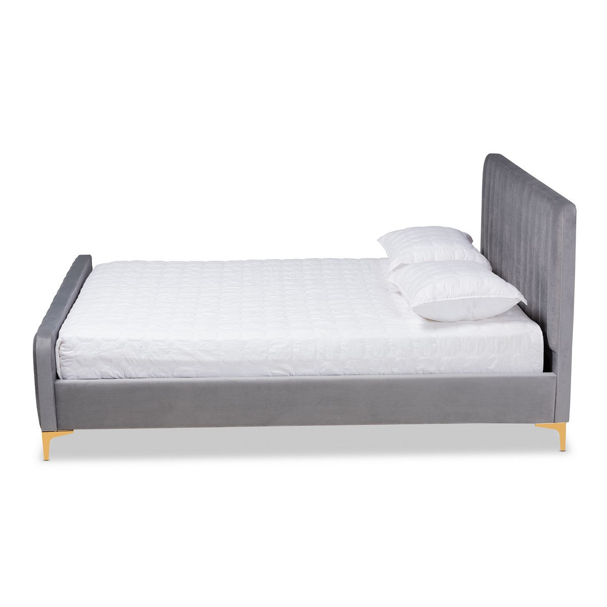 Baxton Studio Nami Modern Contemporary Glam and Luxe Light Grey Velvet Fabric Upholstered and Gold Finished Full Size Platform Bed