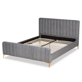 Baxton Studio Nami Modern Contemporary Glam and Luxe Light Grey Velvet Fabric Upholstered and Gold Finished Queen Size Platform Bed