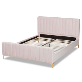 Baxton Studio Nami Modern Contemporary Glam and Luxe Light Pink Velvet Fabric Upholstered and Gold Finished King Size Platform Bed
