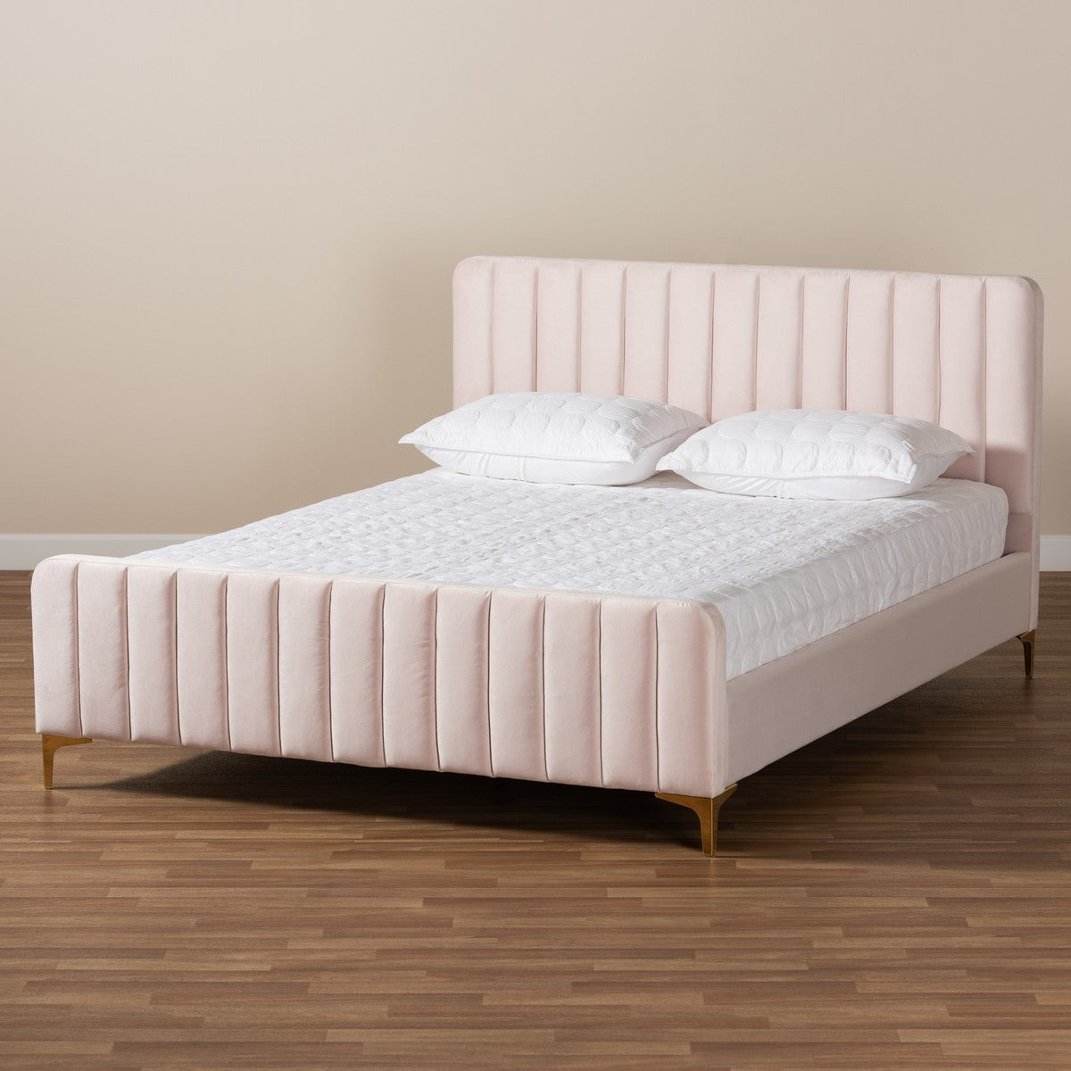 Baxton Studio Nami Modern Contemporary Glam and Luxe Light Pink Velvet Fabric Upholstered and Gold Finished King Size Platform Bed
