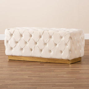 Baxton Studio Corrine Glam and Luxe Beige Velvet Fabric Upholstered and Gold PU Leather Ottoman