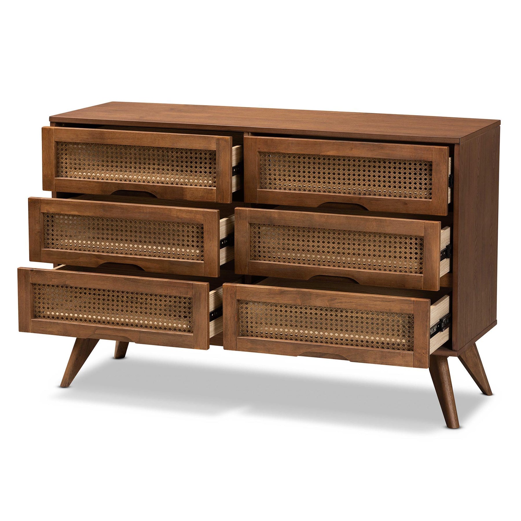 Baxton Studio Barrett Mid-Century Modern Walnut Brown Finished Wood And Synthetic Rattan 6-Drawer Dresser - MG9001-Rattan-6DW-Dresser
