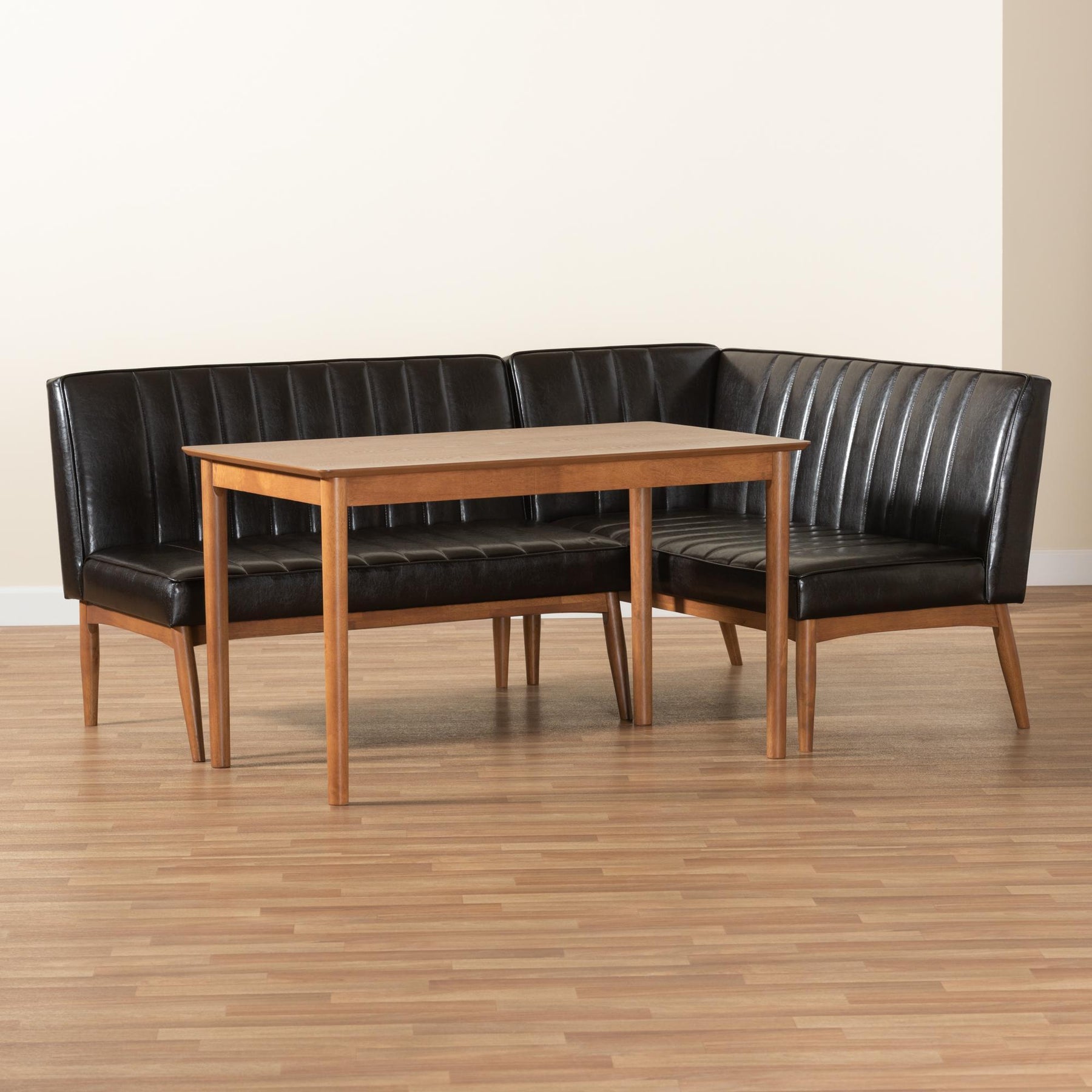 Baxton Studio Daymond Mid-Century Modern Dark Brown Faux Leather Upholstered And Walnut Brown Finished Wood 3-Piece Dining Nook Set - BBT8051.12-Dark Brown/Walnut-3PC Dining Nook Set