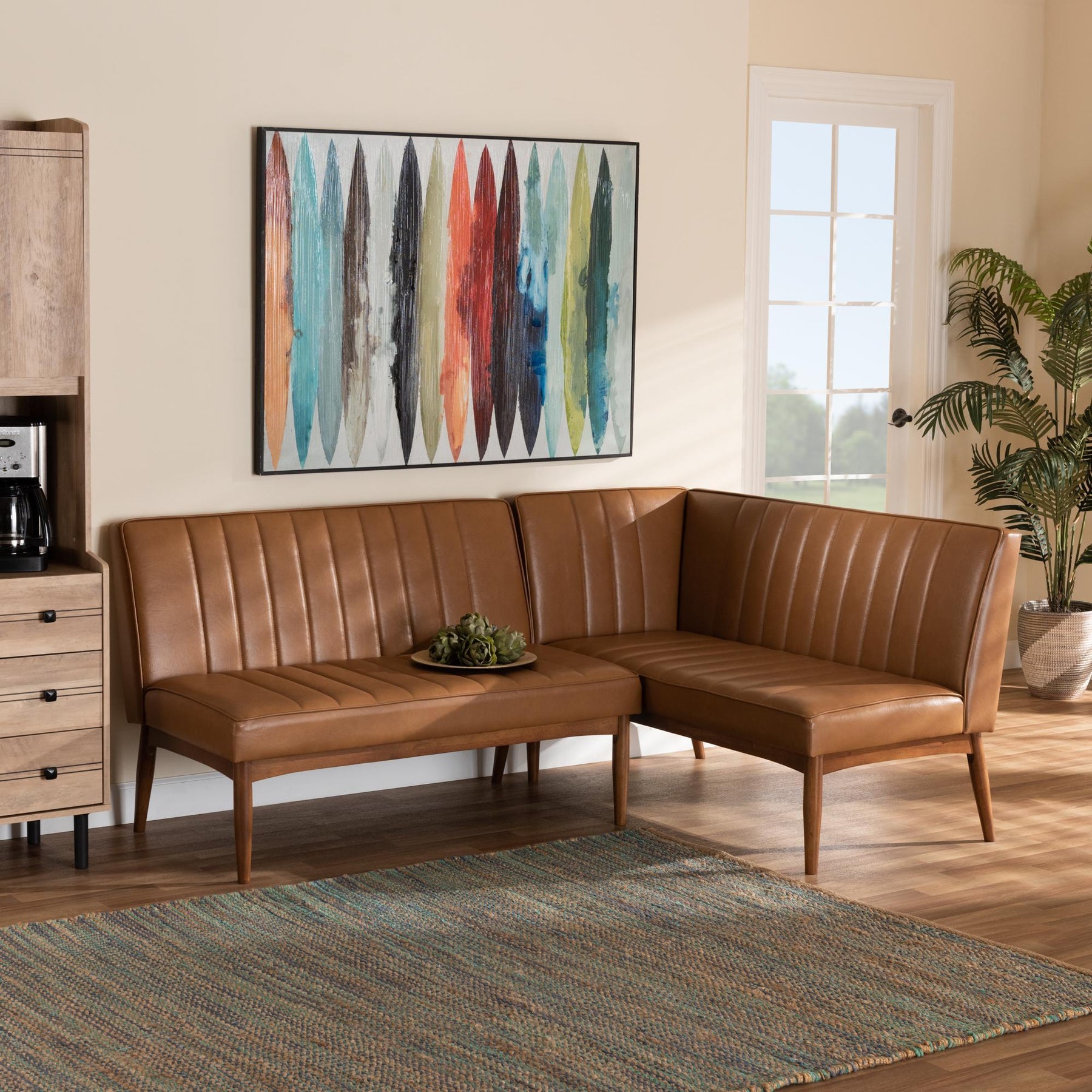 Baxton Studio Daymond Mid-Century Modern Tan Faux Leather Upholstered And Walnut Brown Finished Wood 2-Piece Dining Nook Banquette Set - BBT8051.12-Tan/Walnut-2PC SF Bench