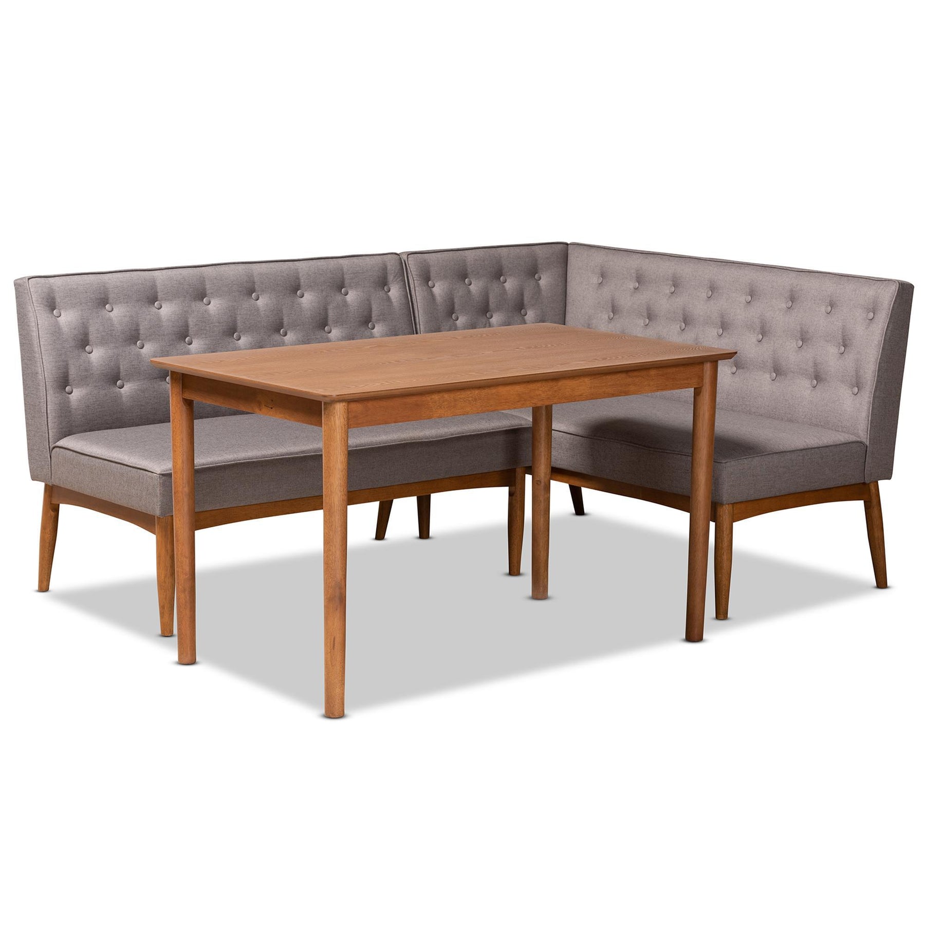 Baxton Studio Riordan Mid-Century Modern Grey Fabric Upholstered And Walnut Brown Finished Wood 3-Piece Dining Nook Set - BBT8051.13-Grey/Walnut-3PC Dining Nook Set