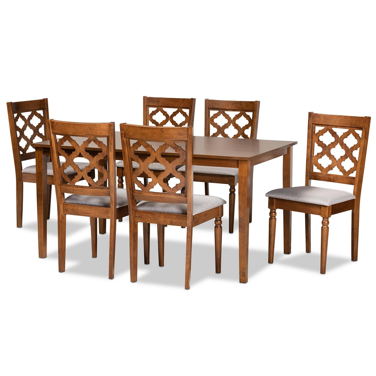Baxton Studio Ramiro Modern and Contemporary Grey Fabric Upholstered and Walnut Brown Finished Wood 7-Piece Dining Set Baxton Studio-Dining Sets-Minimal And Modern - 1