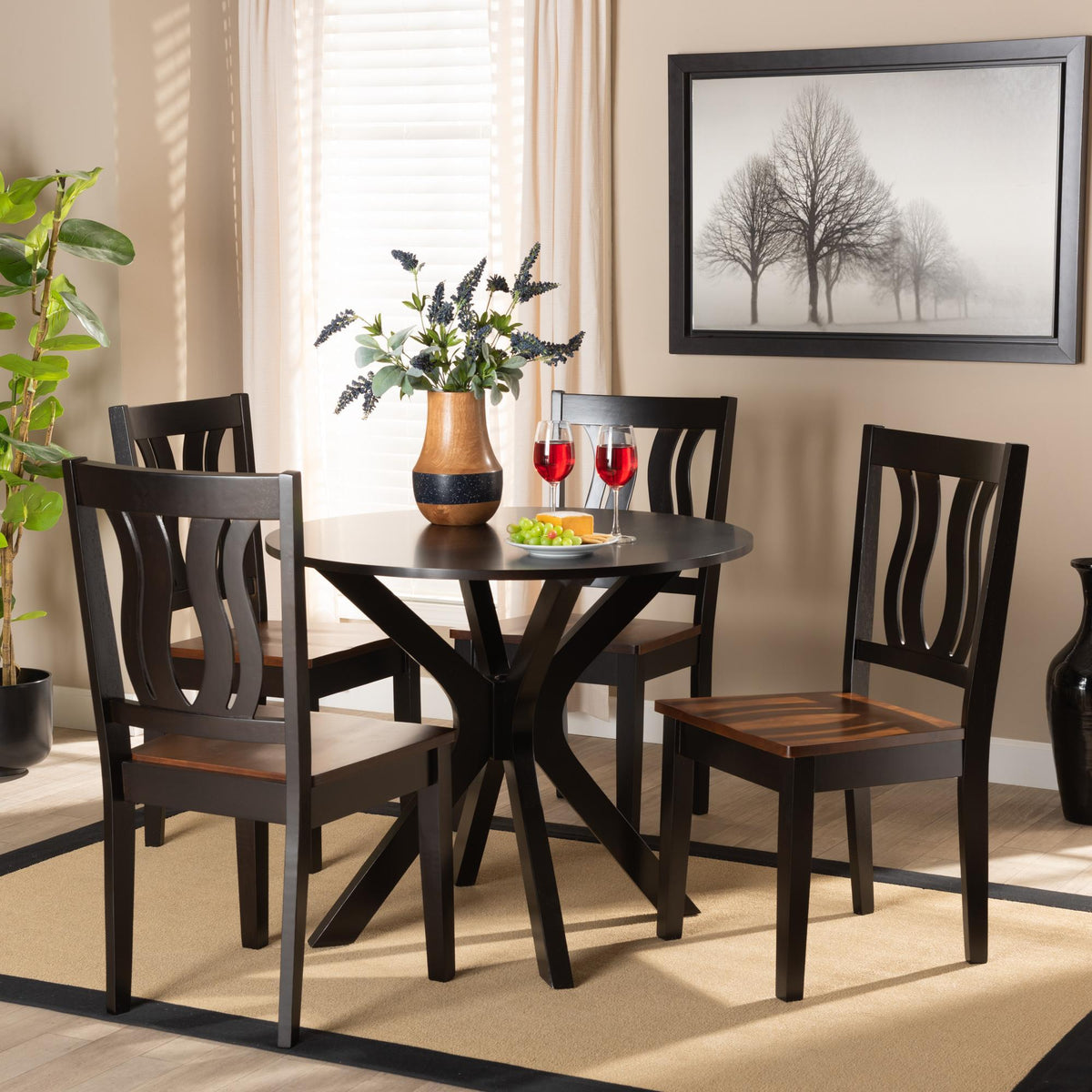 Baxton Studio Mare Modern And Contemporary Transitional Two-Tone Dark Brown And Walnut Brown Finished Wood 5-Piece Dining Set - Mare-Dark Brown/Walnut-5PC Dining Set