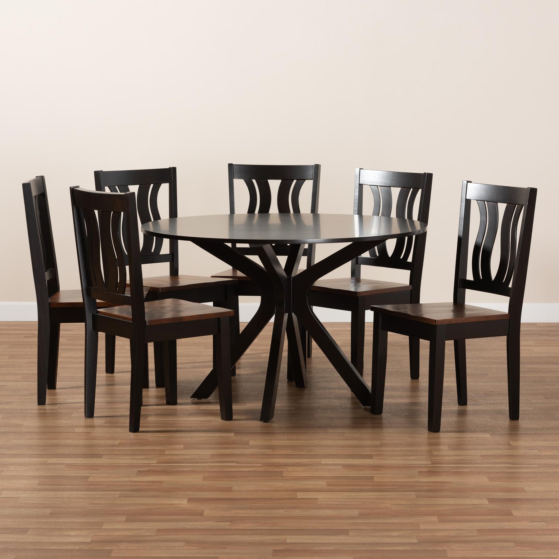 Baxton Studio Mare Modern And Contemporary Transitional Two-Tone Dark Brown And Walnut Brown Finished Wood 7-Piece Dining Set - Mare-Dark Brown/Walnut-7PC Dining Set