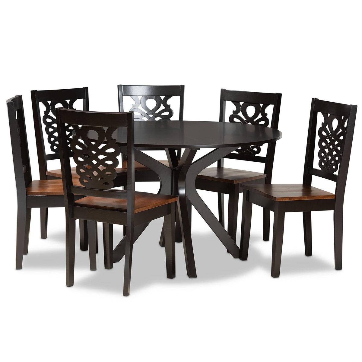 Baxton Studio Liese Modern And Contemporary Transitional Two-Tone Dark Brown And Walnut Brown Finished Wood 7-Piece Dining Set - Liese-Dark Brown/Walnut-7PC Dining Set