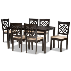 Baxton Studio Nicolette Modern and Contemporary Sand Fabric Upholstered and Dark Brown Finished Wood 7-Piece Dining Set Baxton Studio-Dining Sets-Minimal And Modern - 1
