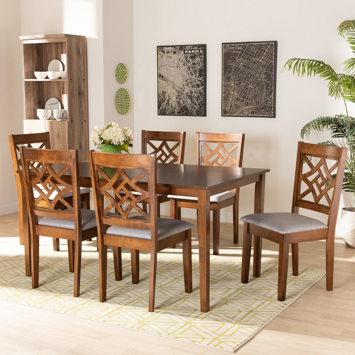 Baxton Studio Nicolette Modern and Contemporary Grey Fabric Upholstered and Walnut Brown Finished Wood 7-Piece Dining Set