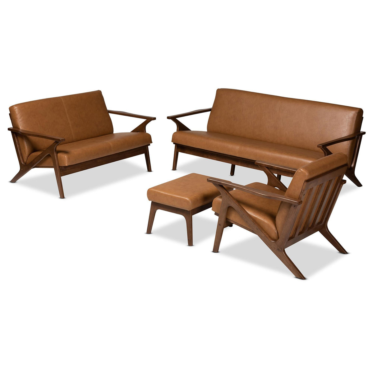 Baxton Studio Bianca Mid-Century Modern Walnut Brown Finished Wood And Tan Faux Leather Effect 4-Piece Living Room Set - Bianca-Tan/Walnut Brown-4PC Set