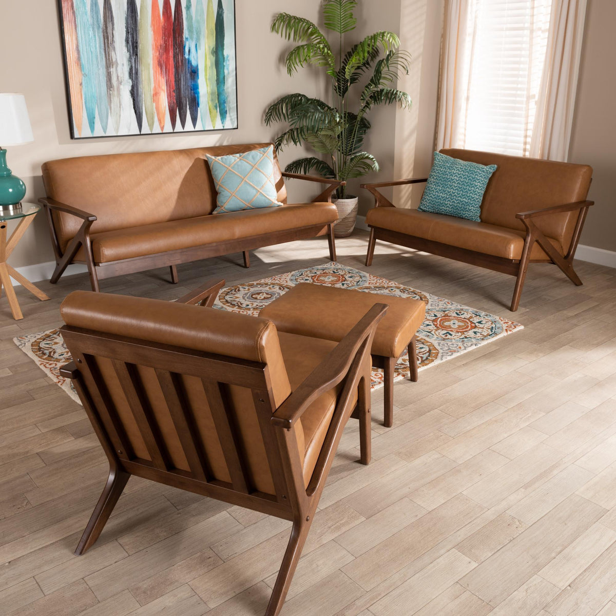 Baxton Studio Bianca Mid-Century Modern Walnut Brown Finished Wood And Tan Faux Leather Effect 4-Piece Living Room Set - Bianca-Tan/Walnut Brown-4PC Set