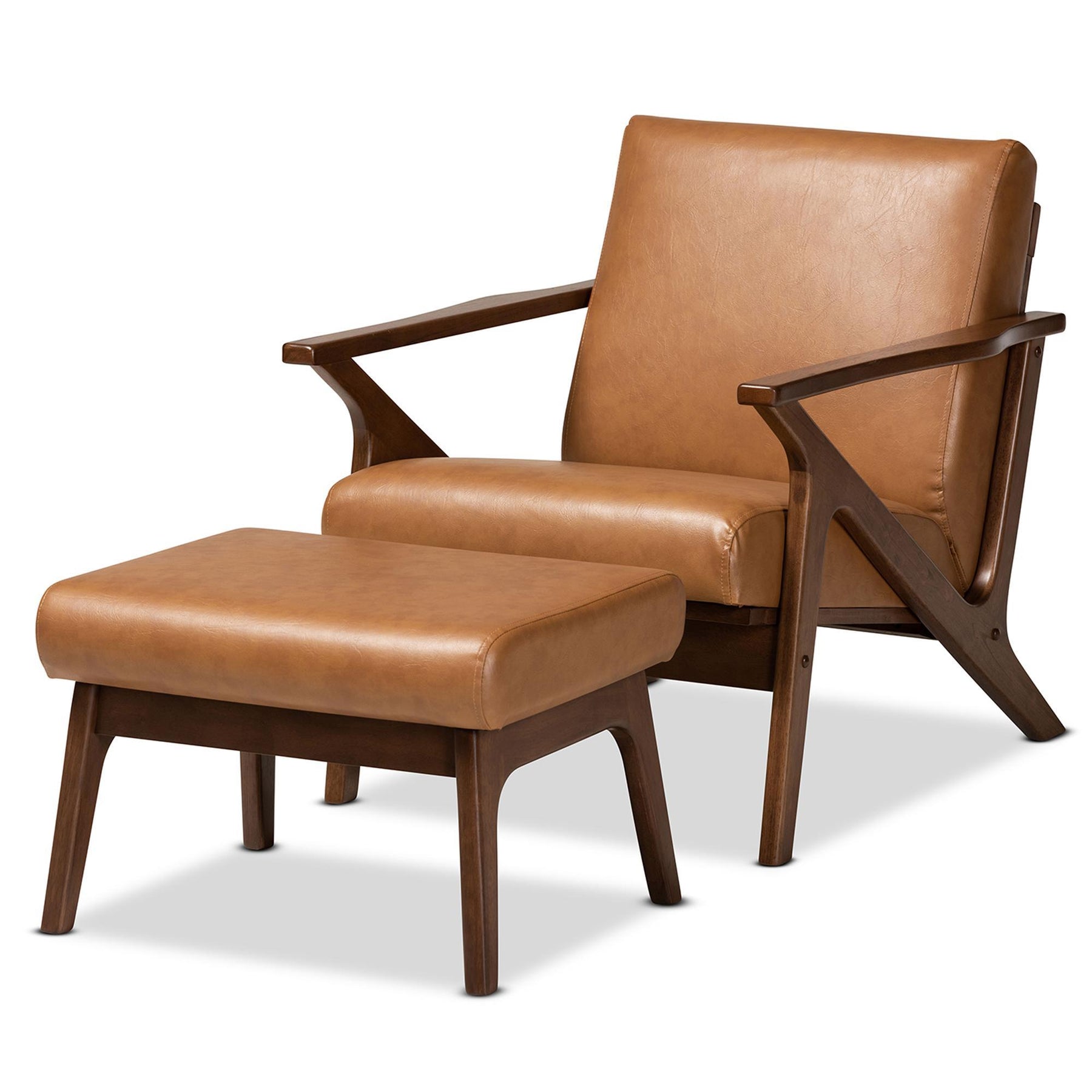 Baxton Studio Bianca Mid-Century Modern Walnut Brown Finished Wood And Tan Faux Leather Effect 2-Piece Lounge Chair And Ottoman Set - Bianca-Tan/Walnut Brown-2PC Set