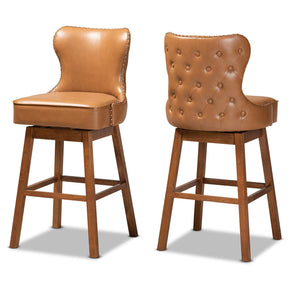 Baxton Studio Gradisca Modern And Contemporary Tan Faux Leather Upholstered And Walnut Brown Finished Wood 2-Piece Swivel Bar Stool Set - BBT5246B-Tan/Walnut-BS