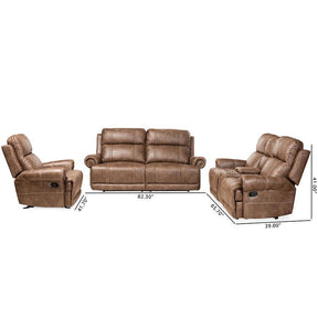 Baxton Studio Buckley Modern And Contemporary Light Brown Faux Leather Upholstered 3-Piece Reclining Living Room Set - 7075I-Light Brown-3PC Living Room Set
