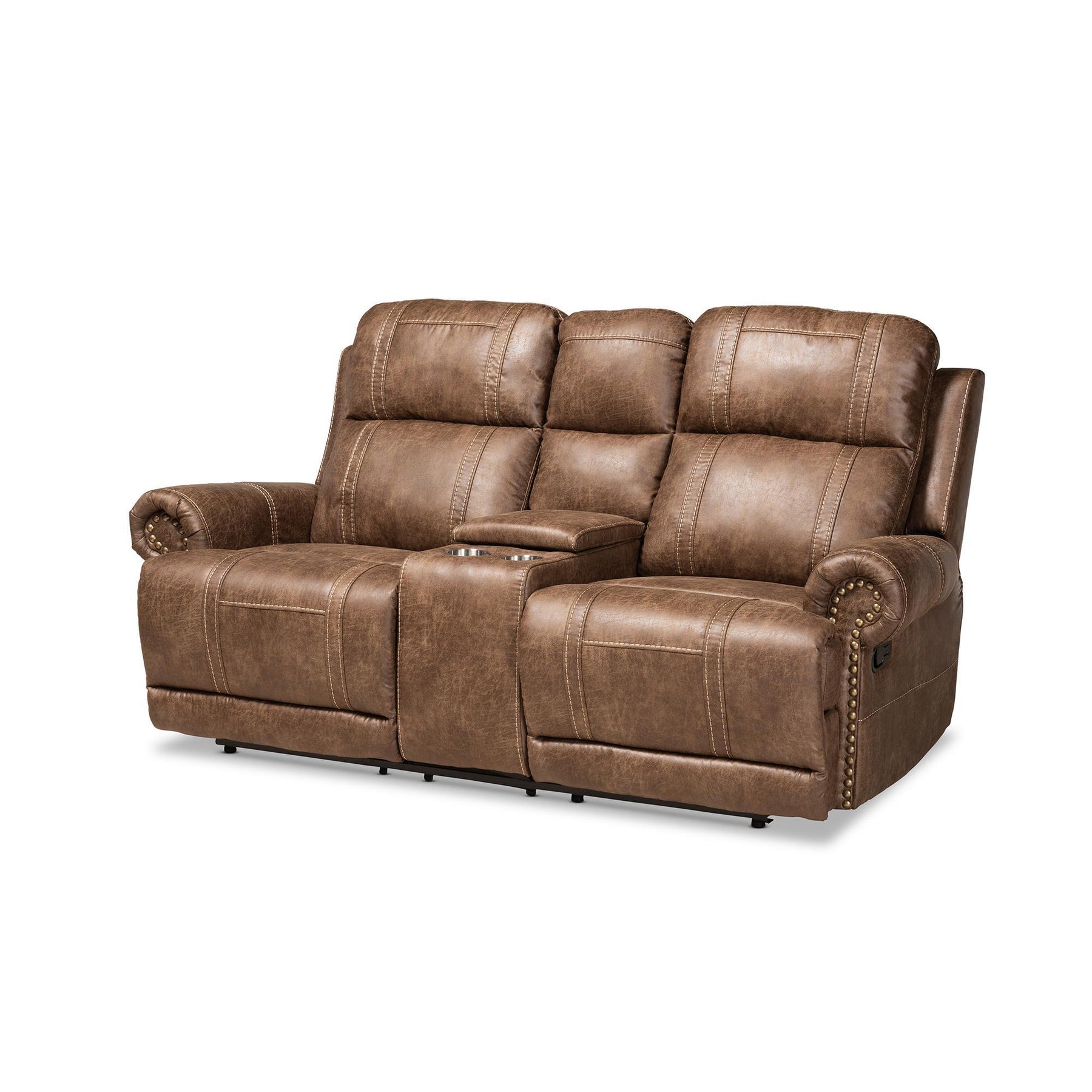 Baxton Studio Buckley Modern And Contemporary Light Brown Faux Leather Upholstered 2-Seater Reclining Loveseat With Console - 7075I52D-Light Brown-Loveseat