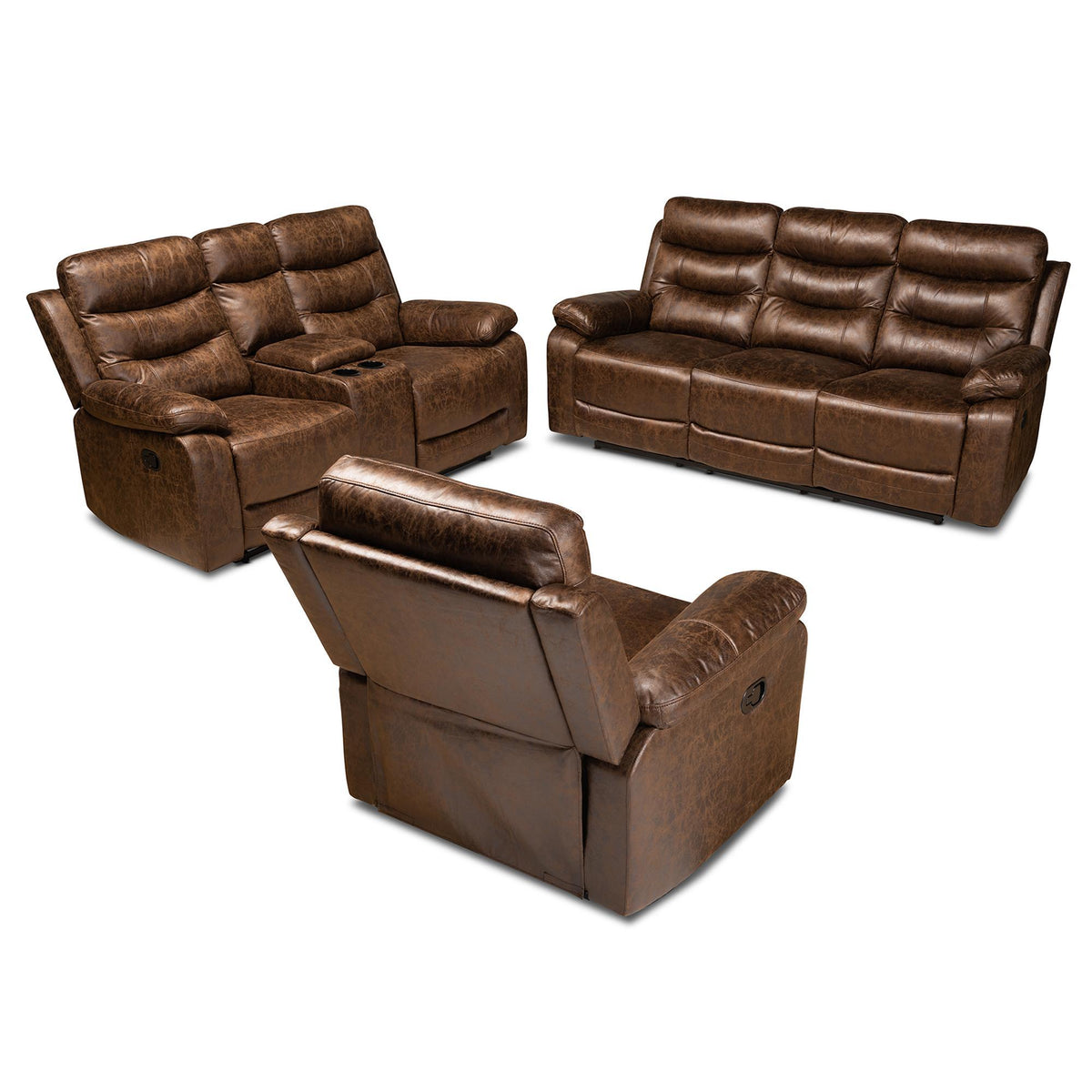 Baxton Studio Beasely Modern And Contemporary Distressed Brown Faux Leather Upholstered 3-Piece Living Room Set - RR5227-Dark Brown-3PC Living Room Set