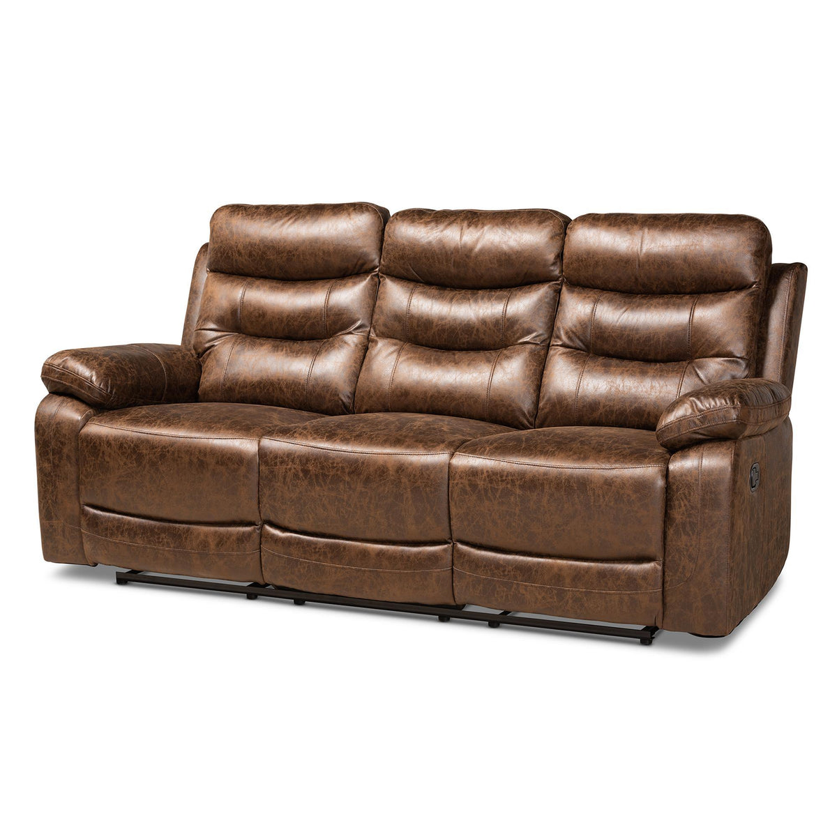 Baxton Studio Beasely Modern And Contemporary Distressed Brown Faux Leather Upholstered 3-Seater Reclining Sofa - RR5227-Dark Brown-Sofa