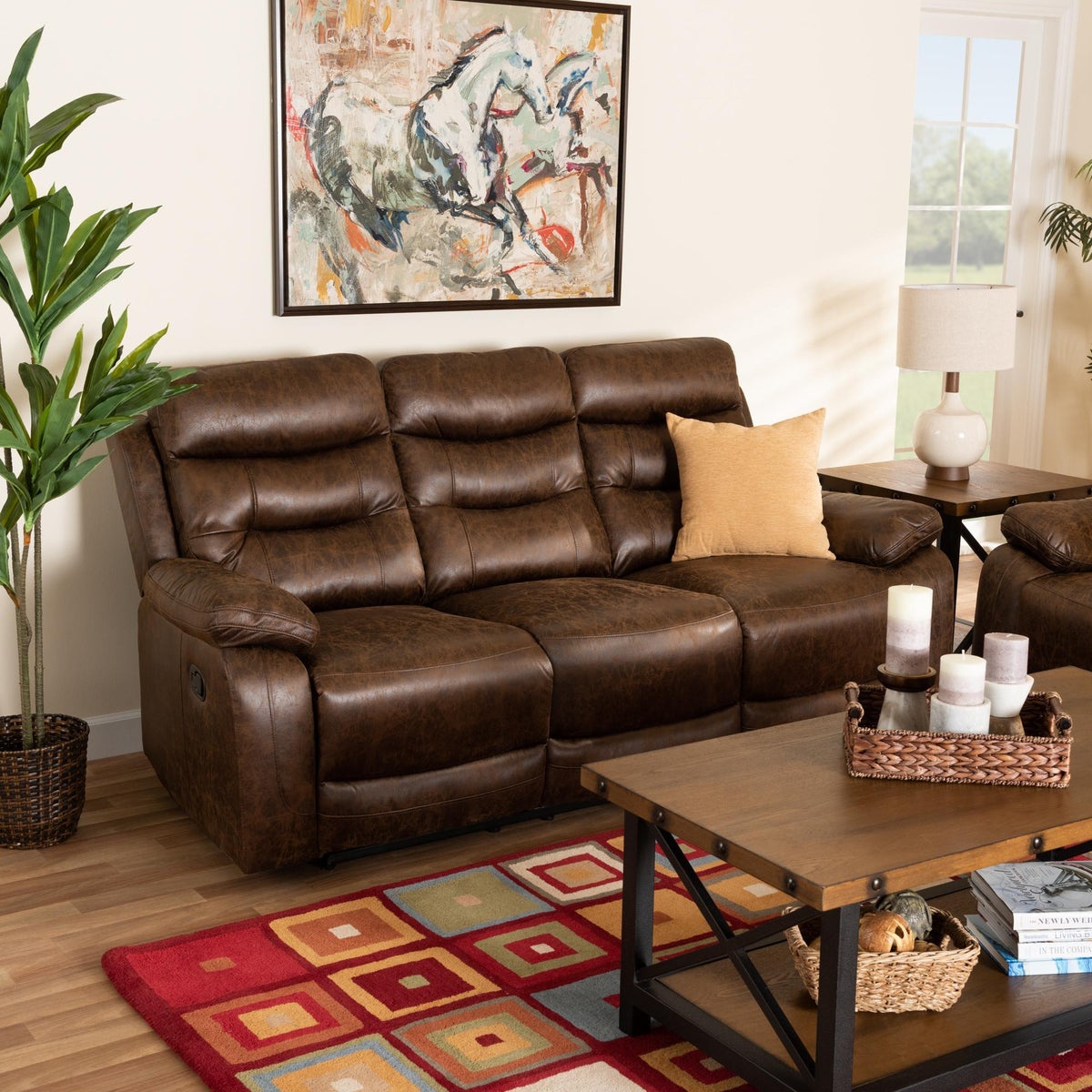 Baxton Studio Beasely Modern And Contemporary Distressed Brown Faux Leather Upholstered 3-Seater Reclining Sofa - RR5227-Dark Brown-Sofa