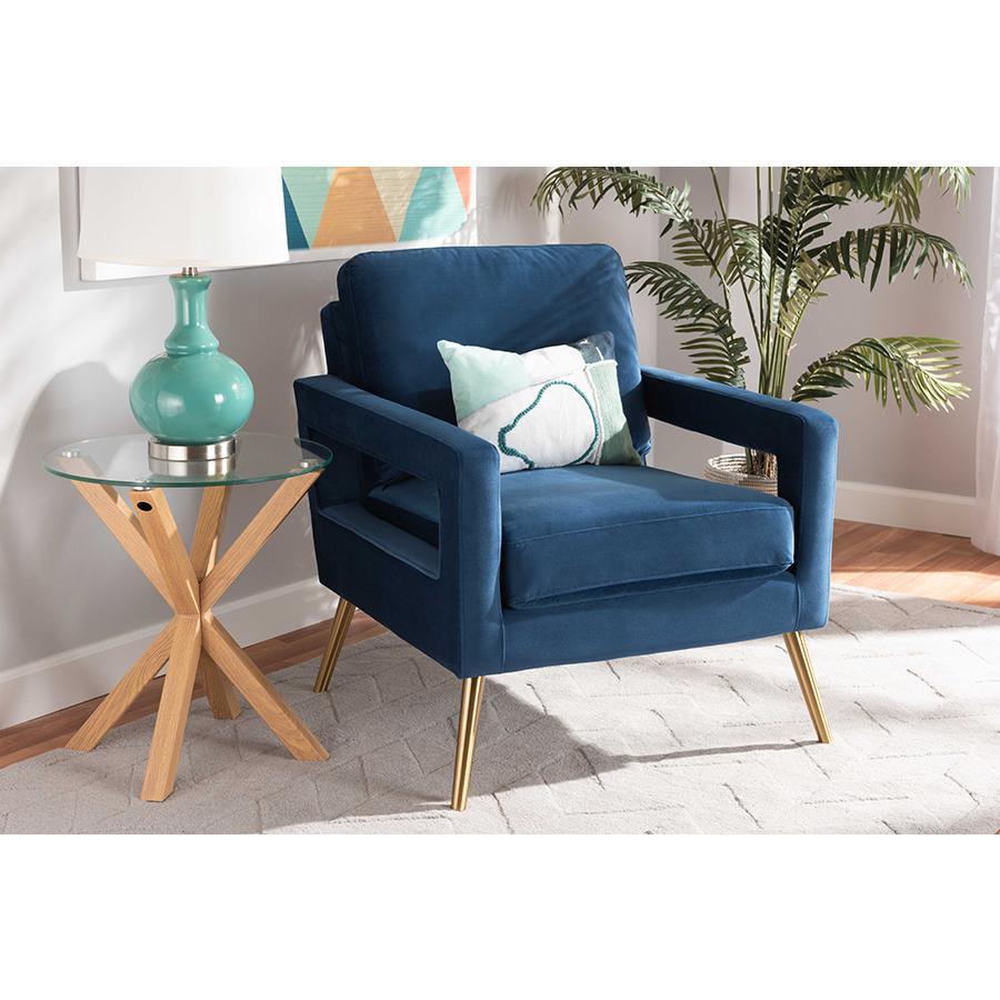 Baxton Studio Leland Glam And Luxe Navy Blue Velvet Fabric Upholstered And Gold Finished Armchair  - TSF-6729-Navy Blue/Gold-CC