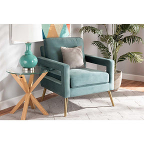 Baxton Studio Leland Glam And Luxe Light Blue Velvet Fabric Upholstered And Gold Finished Armchair  - TSF-6729-Light Blue/Gold-CC