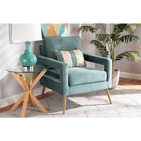 Baxton Studio Leland Glam And Luxe Light Blue Velvet Fabric Upholstered And Gold Finished Armchair  - TSF-6729-Light Blue/Gold-CC