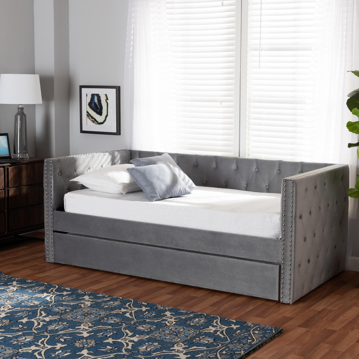 Baxton Studio Larkin Modern And Contemporary Grey Velvet Fabric Upholstered Twin Size Daybed With Trundle - CF9227-Silver Grey Velvet-Daybed-T/T