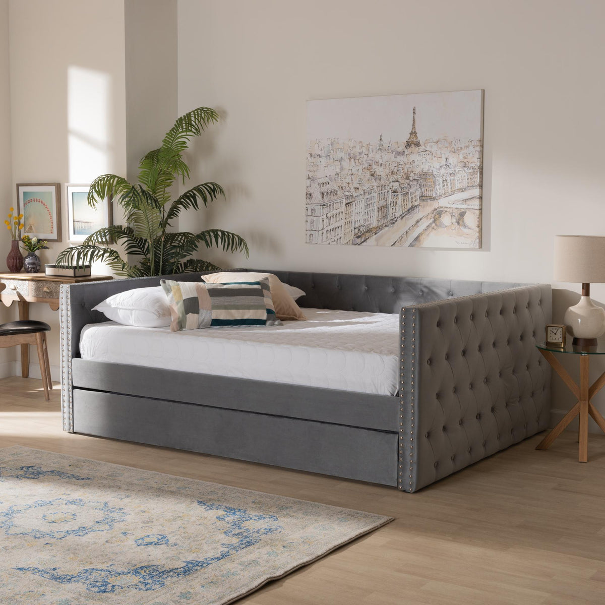 Baxton Studio Larkin Modern And Contemporary Grey Velvet Fabric Upholstered Queen Size Daybed With Trundle - CF9227-Silver Grey Velvet-Daybed-Q/T