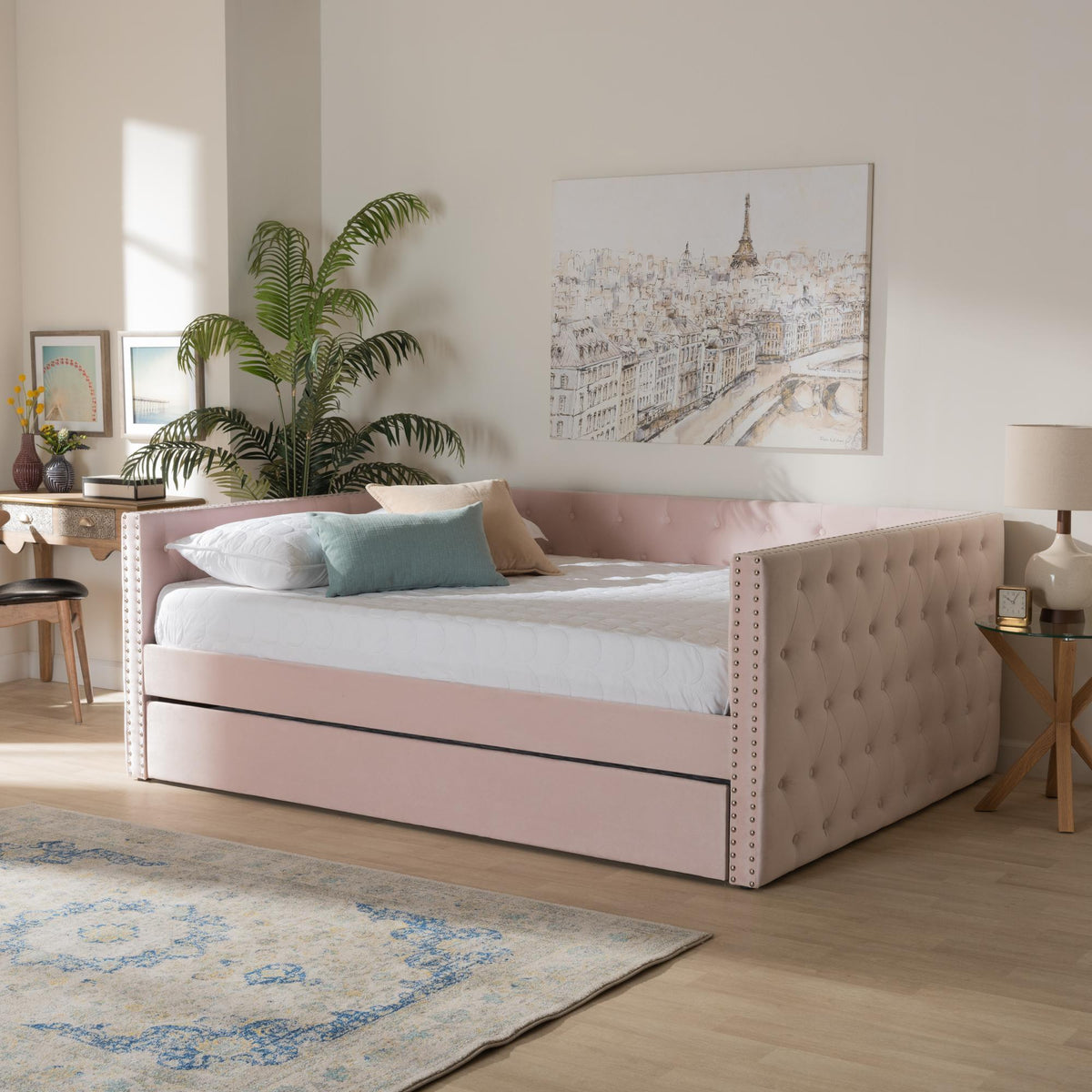 Baxton Studio Larkin Modern And Contemporary Pink Velvet Fabric Upholstered Queen Size Daybed With Trundle - CF9227-Pink Velvet Velvet-Daybed-Q/T