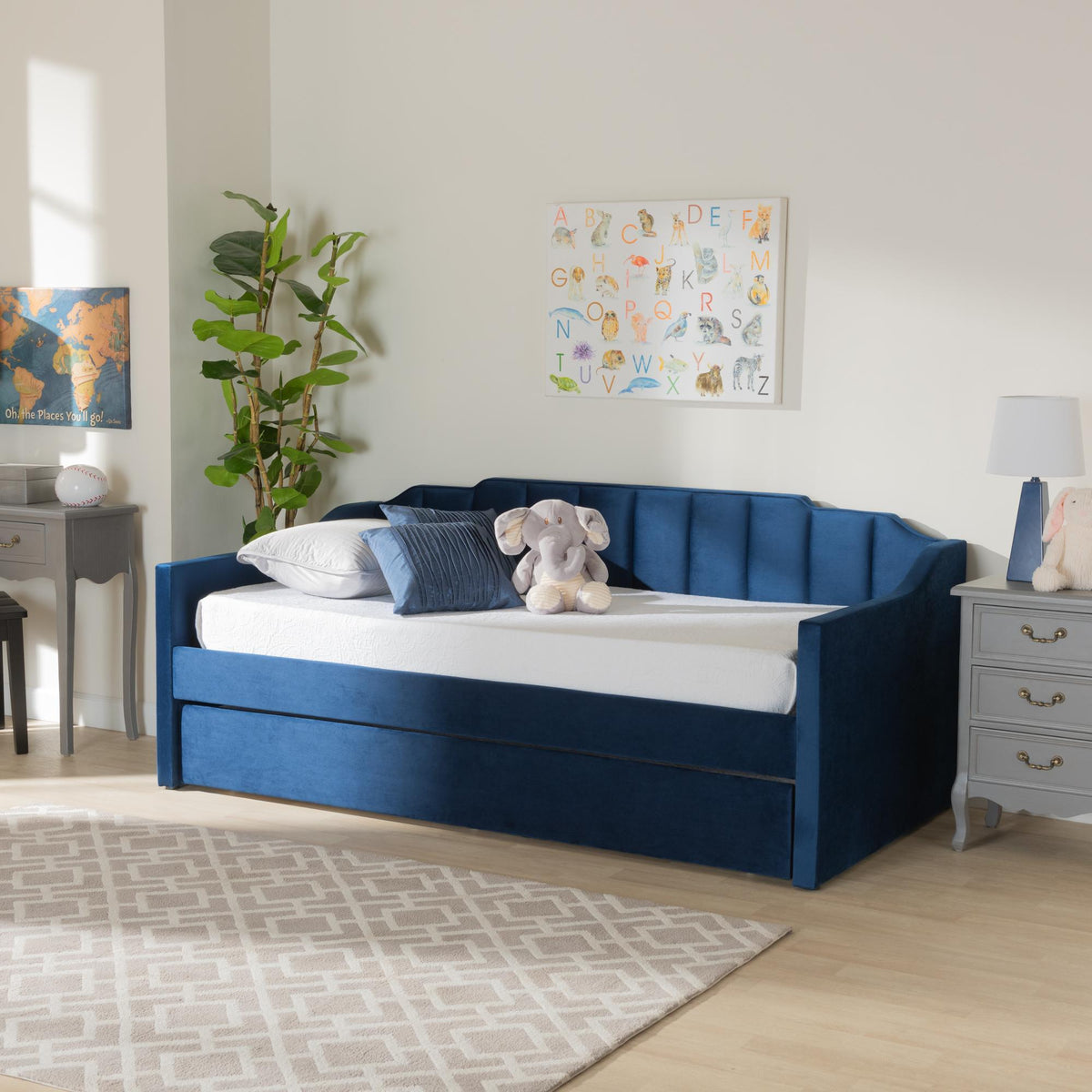 Baxton Studio Lennon Modern And Contemporary Navy Blue Velvet Fabric Upholstered Twin Size Daybed With Trundle - CF9172-Navy Blue Velvet-Daybed-T/T