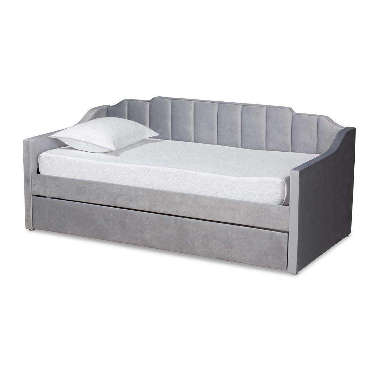 Baxton Studio Lennon Modern And Contemporary Grey Velvet Fabric Upholstered Twin Size Daybed With Trundle - CF9172-Silver Grey Velvet-Daybed-T/T