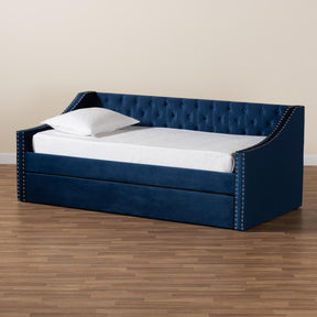 Baxton Studio Raphael Modern And Contemporary Navy Blue Velvet Fabric Upholstered Twin Size Daybed With Trundle - CF9228 -Navy Blue Velvet-Daybed-T/T