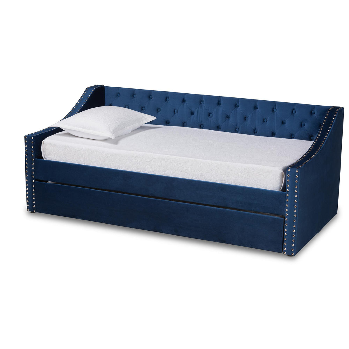 Baxton Studio Raphael Modern And Contemporary Navy Blue Velvet Fabric Upholstered Twin Size Daybed With Trundle - CF9228 -Navy Blue Velvet-Daybed-T/T