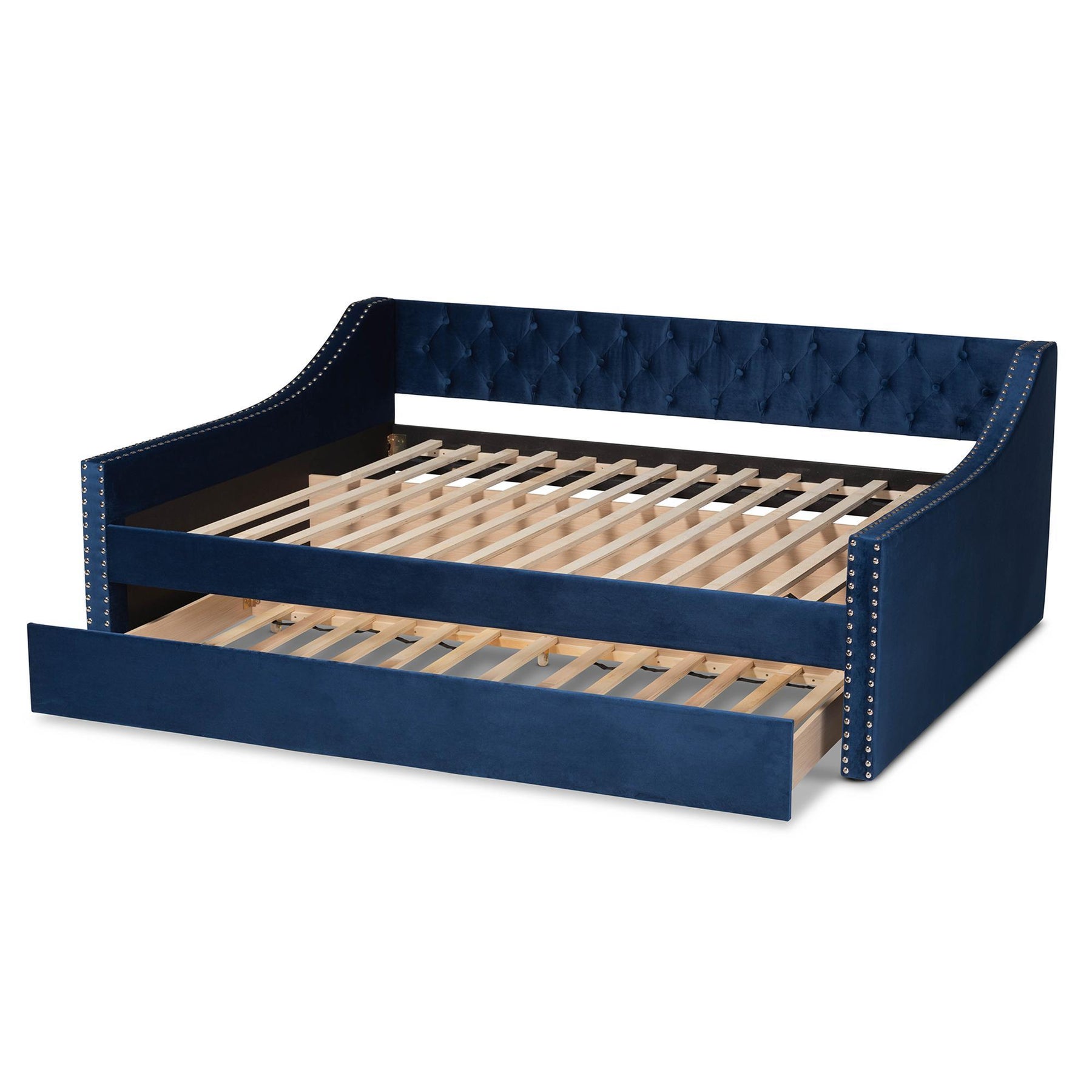 Baxton Studio Raphael Modern And Contemporary Navy Blue Velvet Fabric Upholstered Queen Size Daybed With Trundle - CF9228 -Navy Blue Velvet-Daybed-Q/T