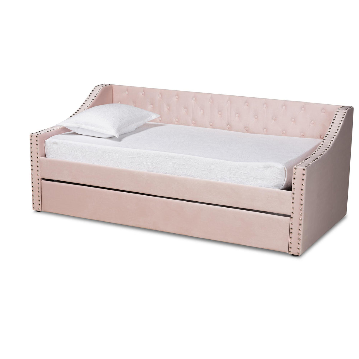 Baxton Studio Raphael Modern And Contemporary Pink Velvet Fabric Upholstered Twin Size Daybed With Trundle - CF9228 -Pink Velvet-Daybed-T/T