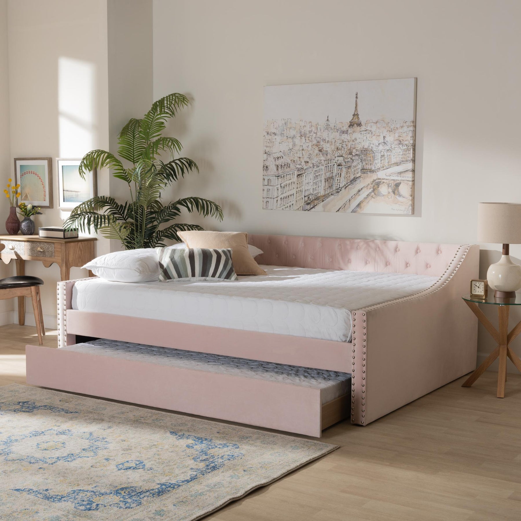 Baxton Studio Raphael Modern And Contemporary Pink Velvet Fabric Upholstered Full Size Daybed With Trundle - CF9228 -Pink Velvet-Daybed-F/T