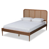 Baxton Studio Elston Mid-Century Modern Walnut Brown Finished Wood And Synthetic Rattan Queen Size Platform Bed - MG0056-Walnut Rattan/Walnut-Queen