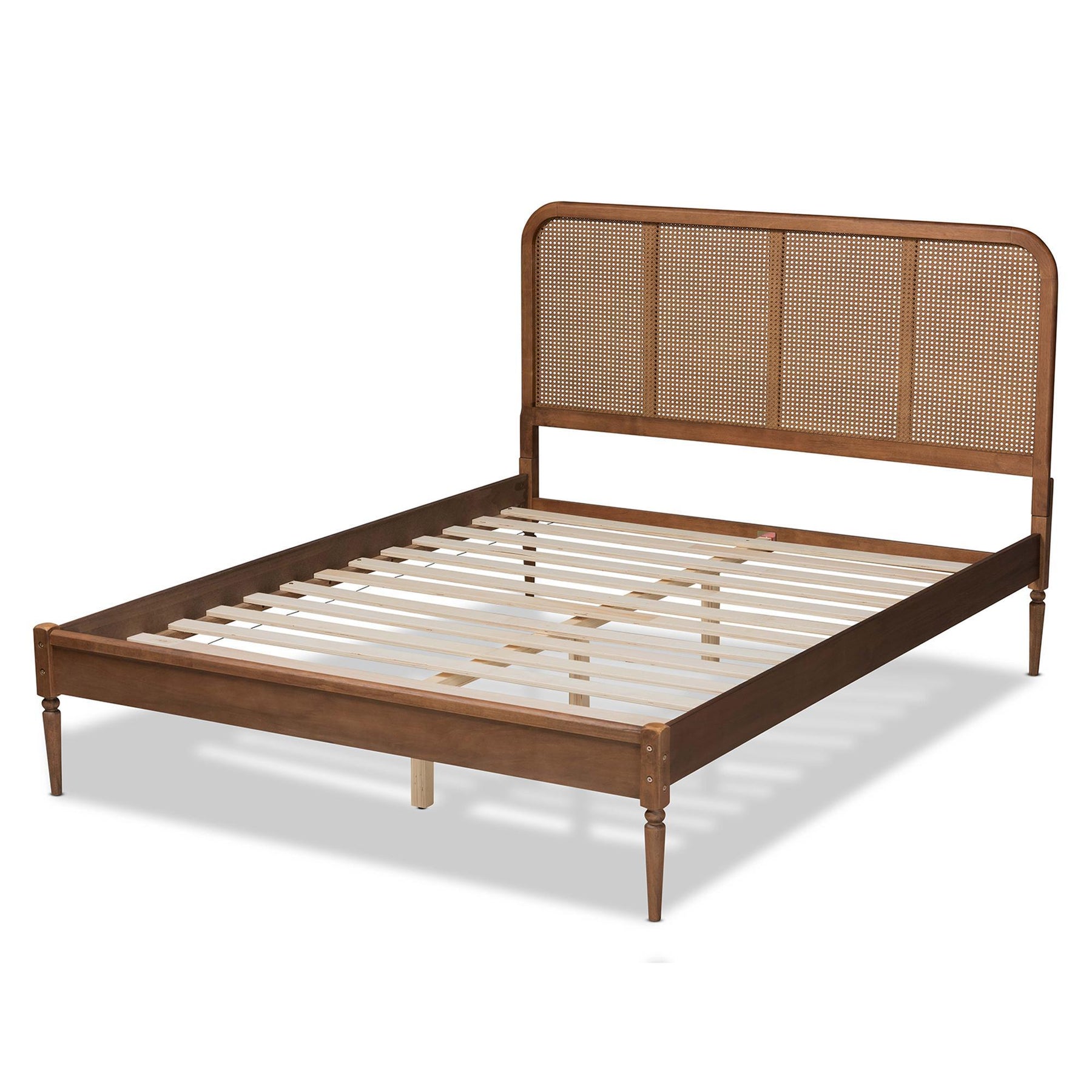 Baxton Studio Elston Mid-Century Modern Walnut Brown Finished Wood And Synthetic Rattan Queen Size Platform Bed - MG0056-Walnut Rattan/Walnut-Queen