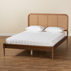 Baxton Studio Elston Mid-Century Modern Walnut Brown Finished Wood And Synthetic Rattan Full Size Platform Bed - MG0056-Rattan/Walnut-Full