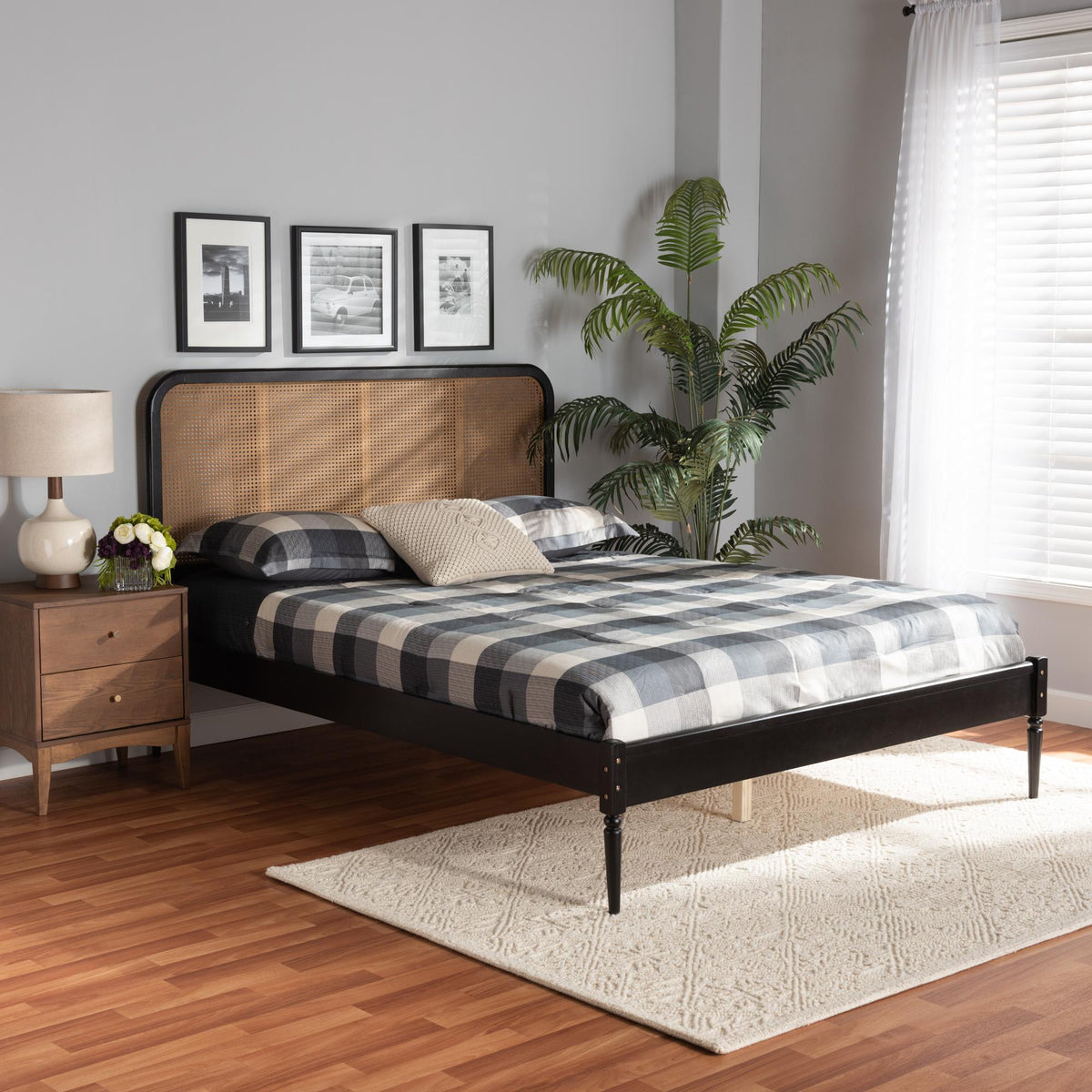 Baxton Studio Elston Mid-Century Modern Charcoal Finished Wood And Synthetic Rattan Queen Size Platform Bed - MG0056-Walnut Rattan/Black-Queen