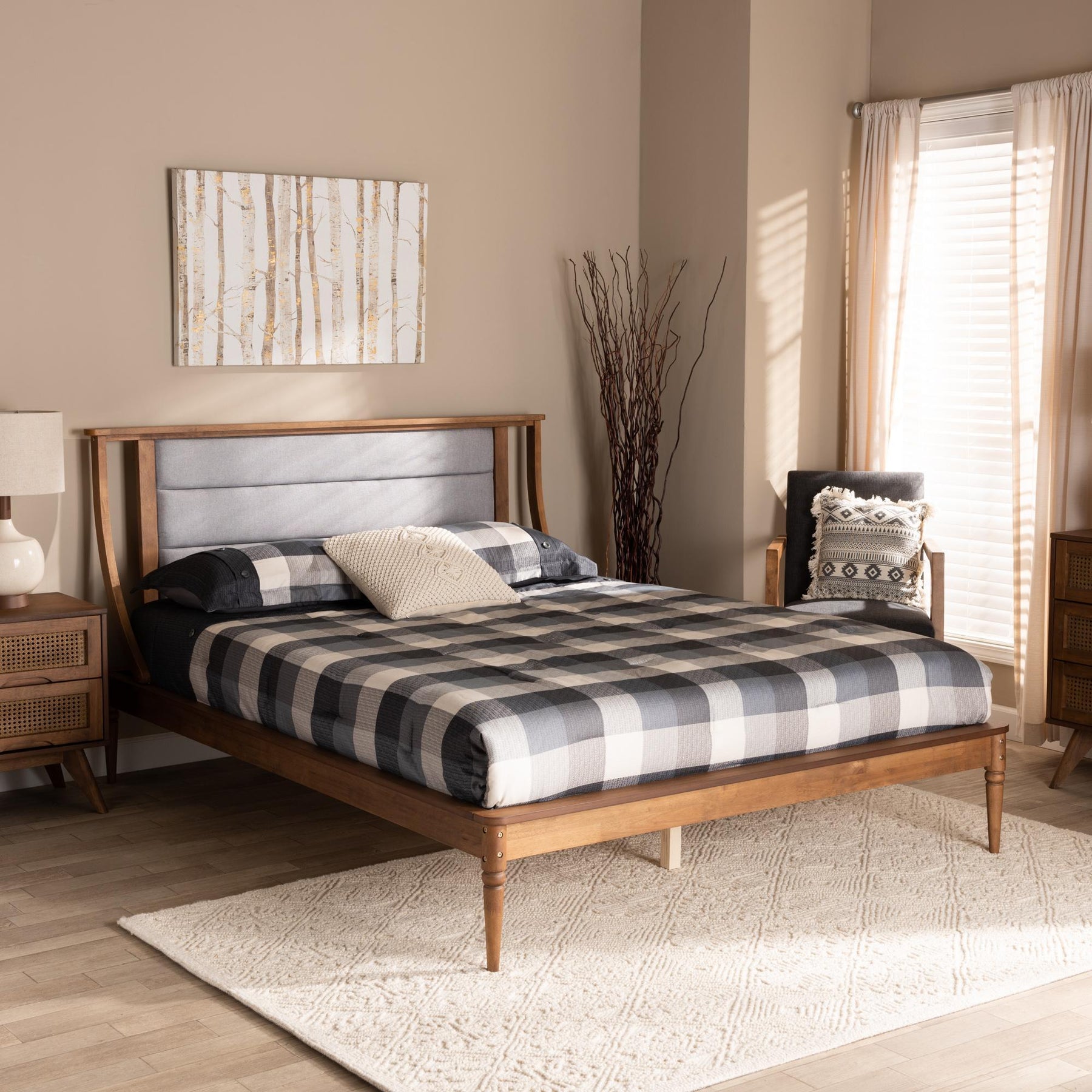 Baxton Studio Regis Modern And Contemporary Transitional Light Grey Fabric Upholstered And Walnut Brown Finished Wood King Size Platform Bed - MG0067-Light Grey/Walnut-King