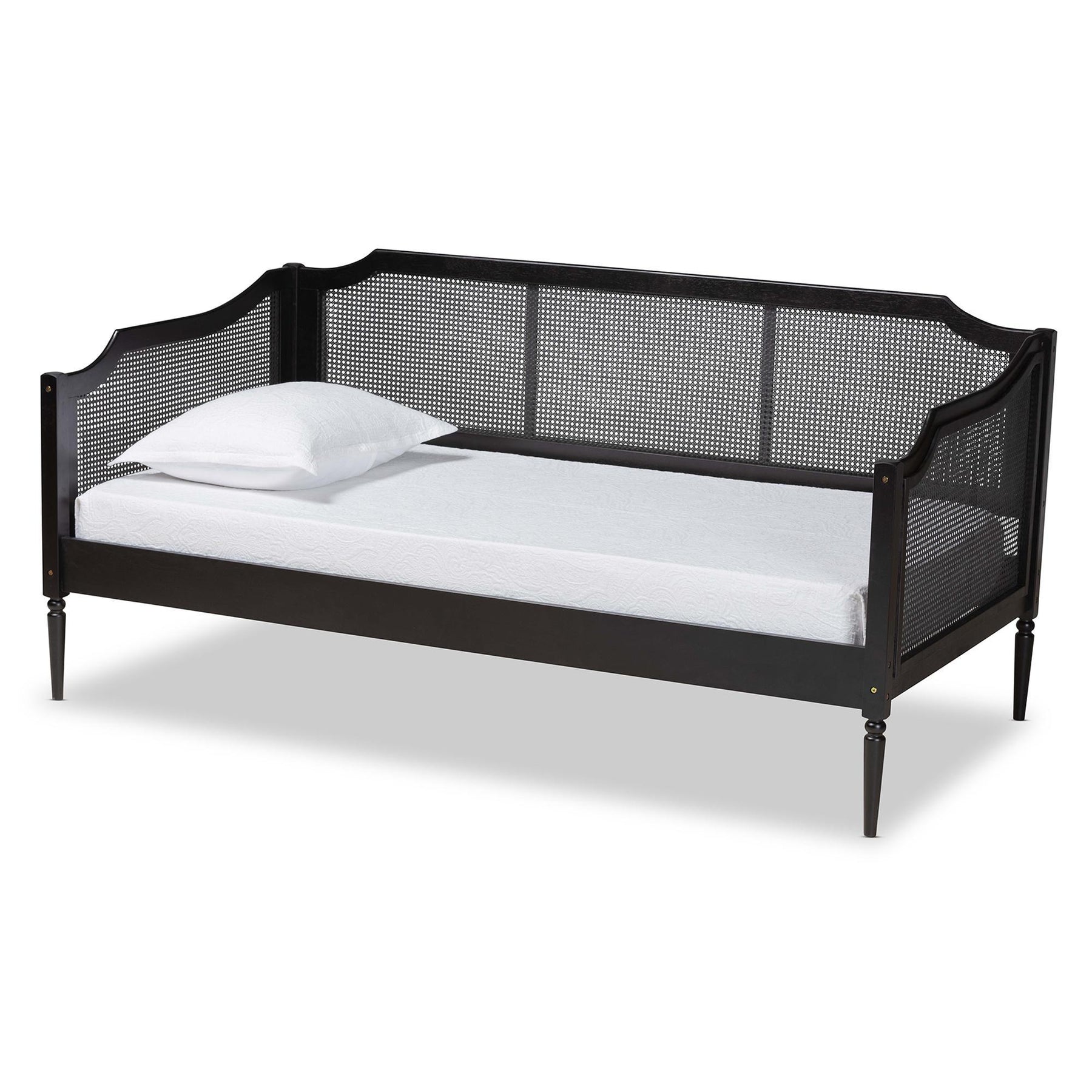 Baxton Studio Hancock Mid-Century Modern Charcoal Finished Wood And Synthetic Rattan Twin Size Daybed - MG0075-Black Rattan/Black-Daybed