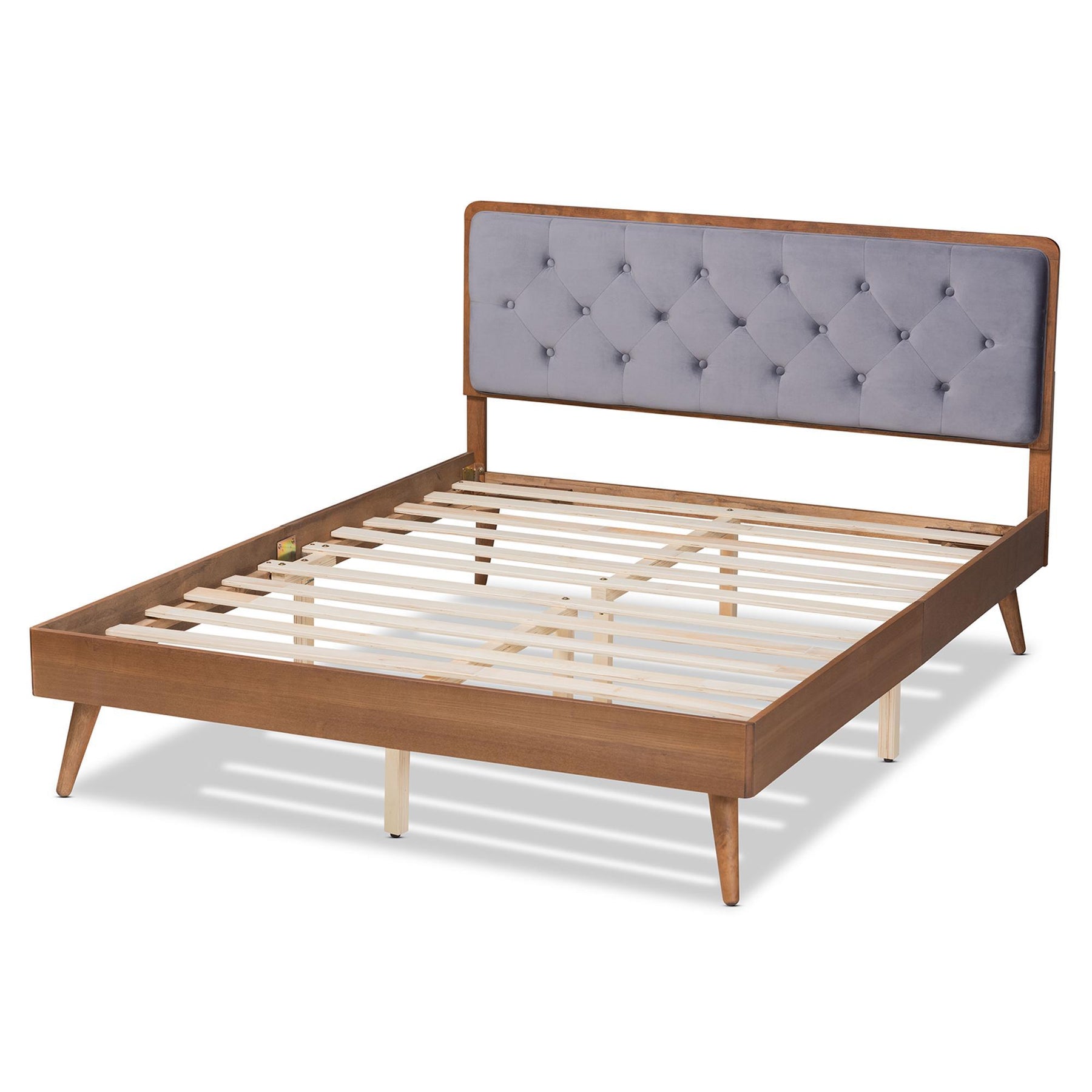 Baxton Studio Larue Modern And Contemporary Grey Velvet Fabric Upholstered And Walnut Brown Finished Wood Queen Size Platform Bed - MG0020-1S-Grey Velvet/Walnut-Queen