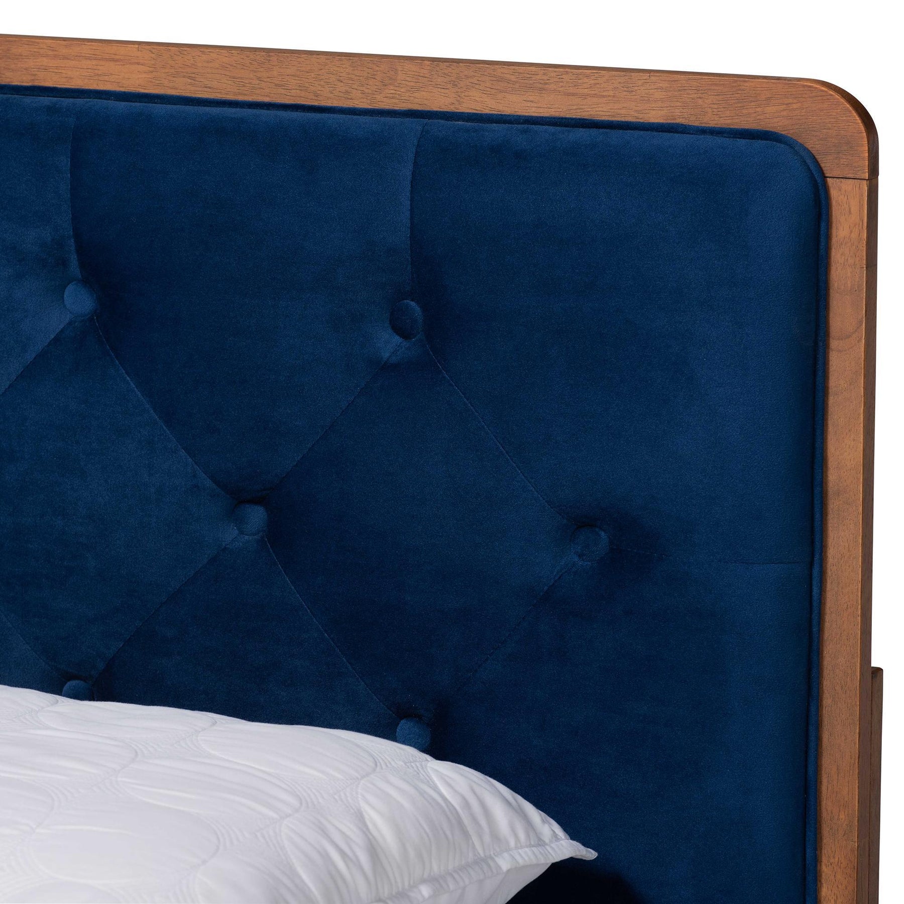 Baxton Studio Larue Modern And Contemporary Navy Blue Velvet Fabric Upholstered And Walnut Brown Finished Wood King Size Platform Bed - MG0020-1S-Navy Velvet/Walnut-King