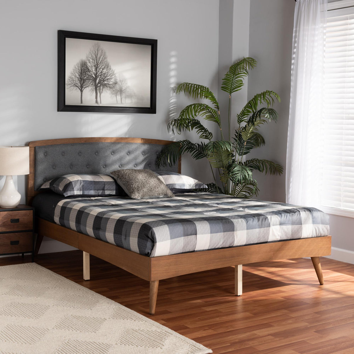 Baxton Studio Ratana Mid-Century Modern Transitional Grey Fabric Upholstered And Walnut Brown Finished Wood Queen Size Platform Bed - MG0020-4S-Dark Grey/Walnut-Queen