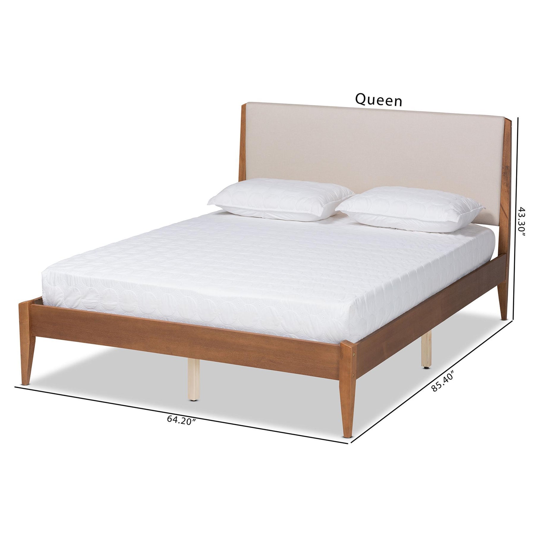 Baxton Studio Lenora Mid-Century Modern Beige Fabric Upholstered And Walnut Brown Finished Wood Queen Size Platform Bed - MG0077S-Beige/Walnut-Queen