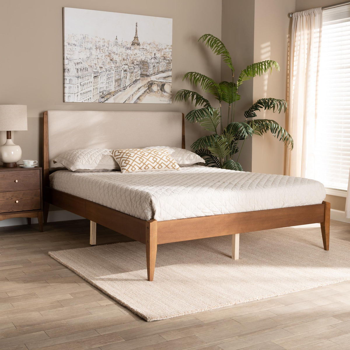 Baxton Studio Lenora Mid-Century Modern Beige Fabric Upholstered And Walnut Brown Finished Wood Full Size Platform Bed - MG0077S-Beige/Walnut-Full