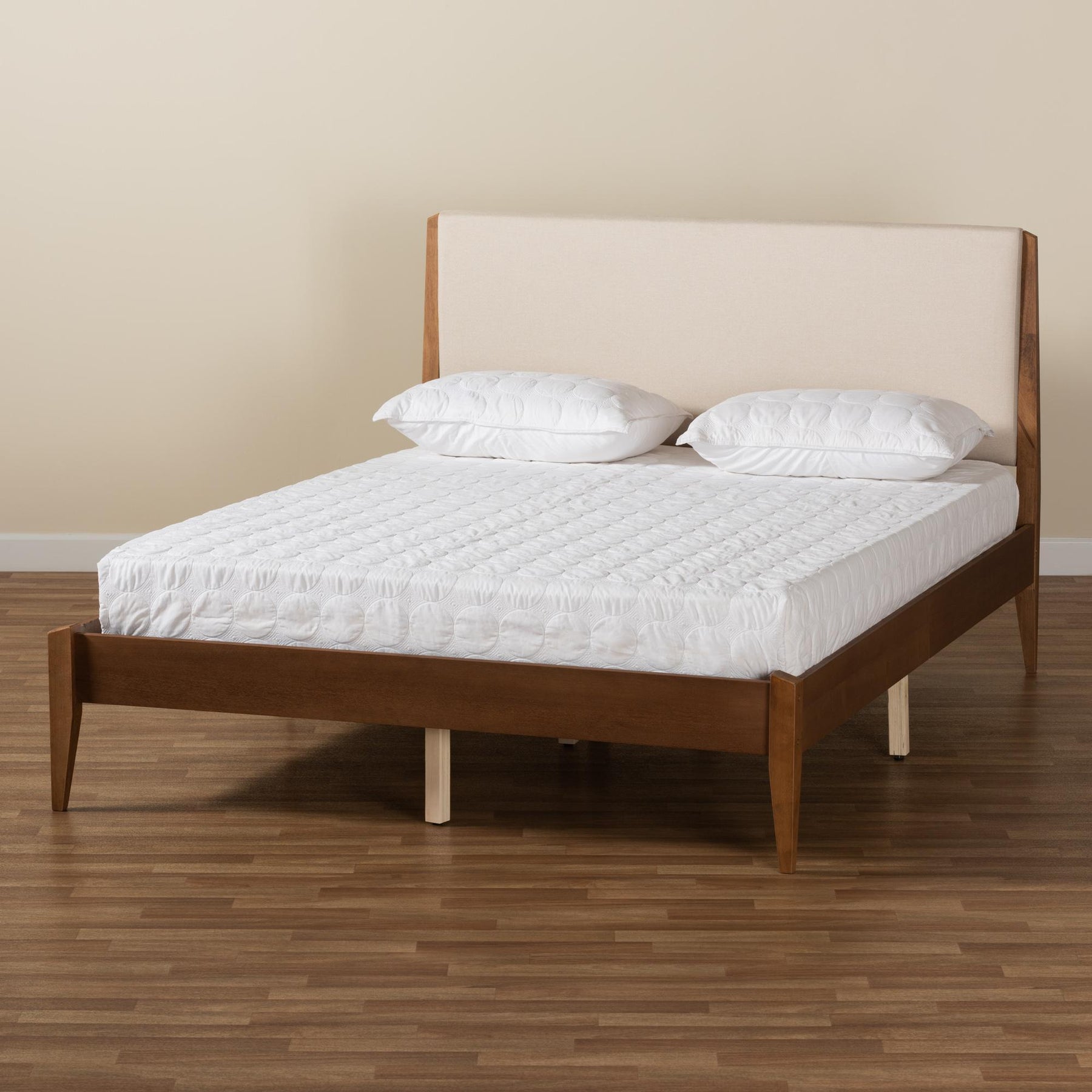 Baxton Studio Lenora Mid-Century Modern Beige Fabric Upholstered And Walnut Brown Finished Wood Full Size Platform Bed - MG0077S-Beige/Walnut-Full