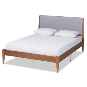 Baxton Studio Lenora Mid-Century Modern Grey Fabric Upholstered And Walnut Brown Finished Wood Full Size Platform Bed - MG0077S-Light Grey/Walnut-Full